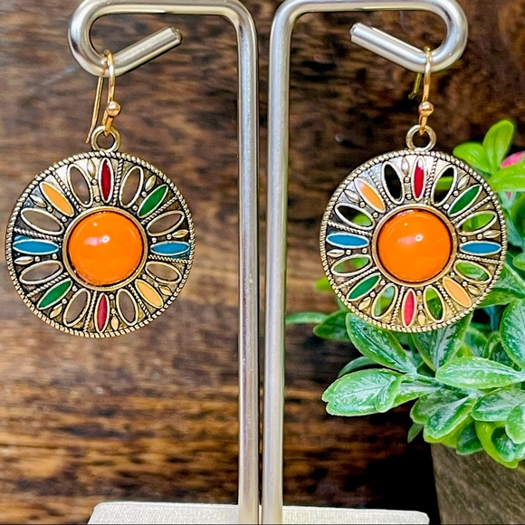 Hand Crafted Jewelry - BOHO EARRINGS Mountain Sunshine Fun Bright coral gold warm ROUND sunburst floral